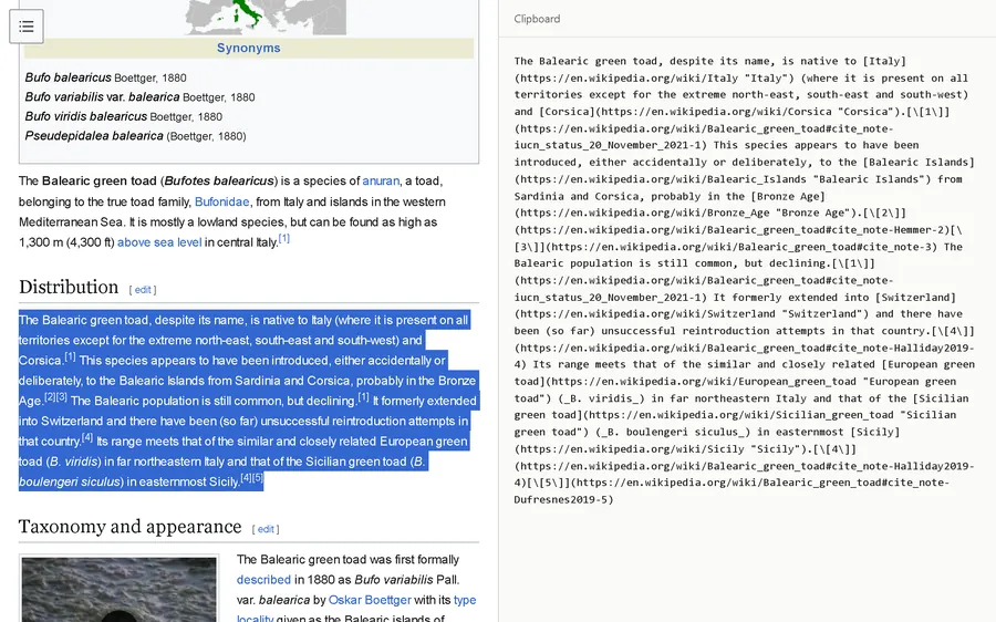A Wikipedia paragraph selected on the left, and the Markdown Sidecar Clipper copied to the clipboard on the right.