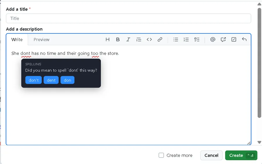 Sidecar Grammar showing spelling suggestions for an underlined word in a GitHub text field.