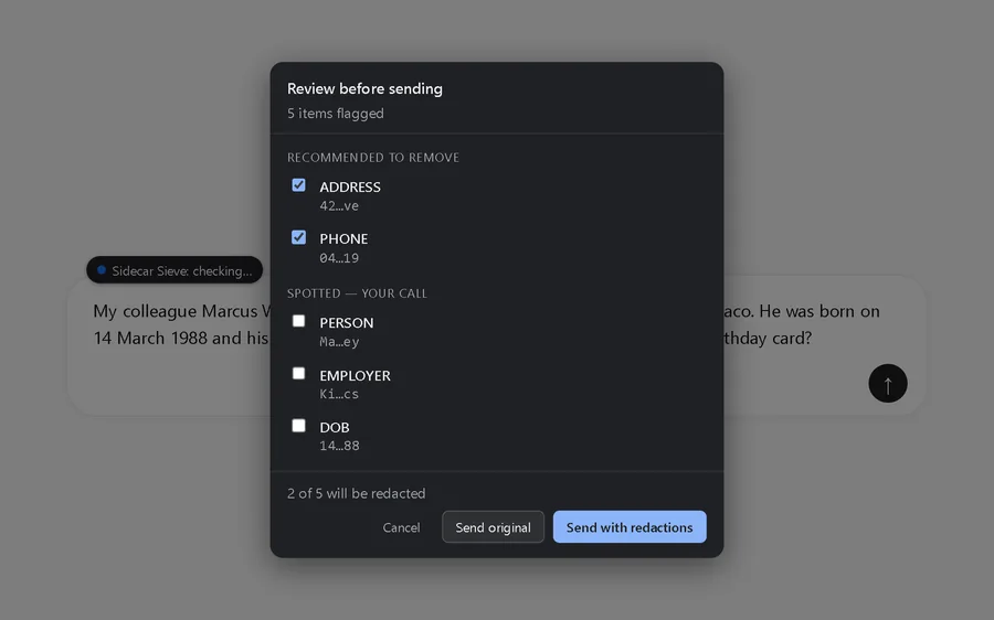 Sidecar Sieve's Review before sending dialog over a chat message, with five items flagged: an address, a phone number, a person, an employer and a date of birth.