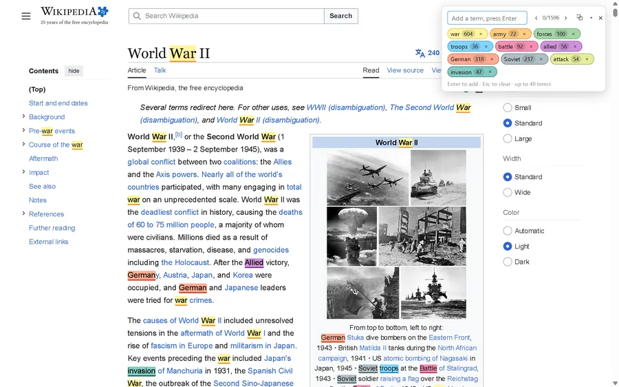 TurboFind's search bar on a Wikipedia article, with ten search terms highlighted in different colours.